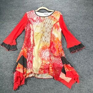 Emma G Tunic Top Women Medium Red Abstract Polka Dot Sharkbite Hem Bell Sleeve M
